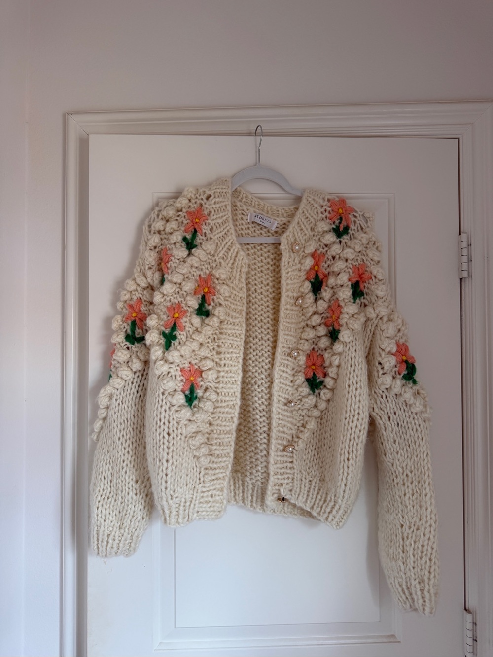 storets Cream Chunky Knit Cardigan with Pink & Green Floral Embroidery